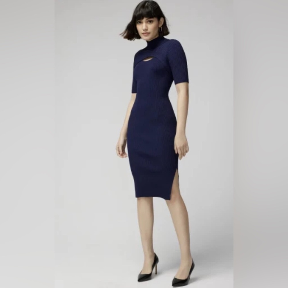 White House Black Market Bodycon Cutout Sweater Dress Size XL Officer Blue